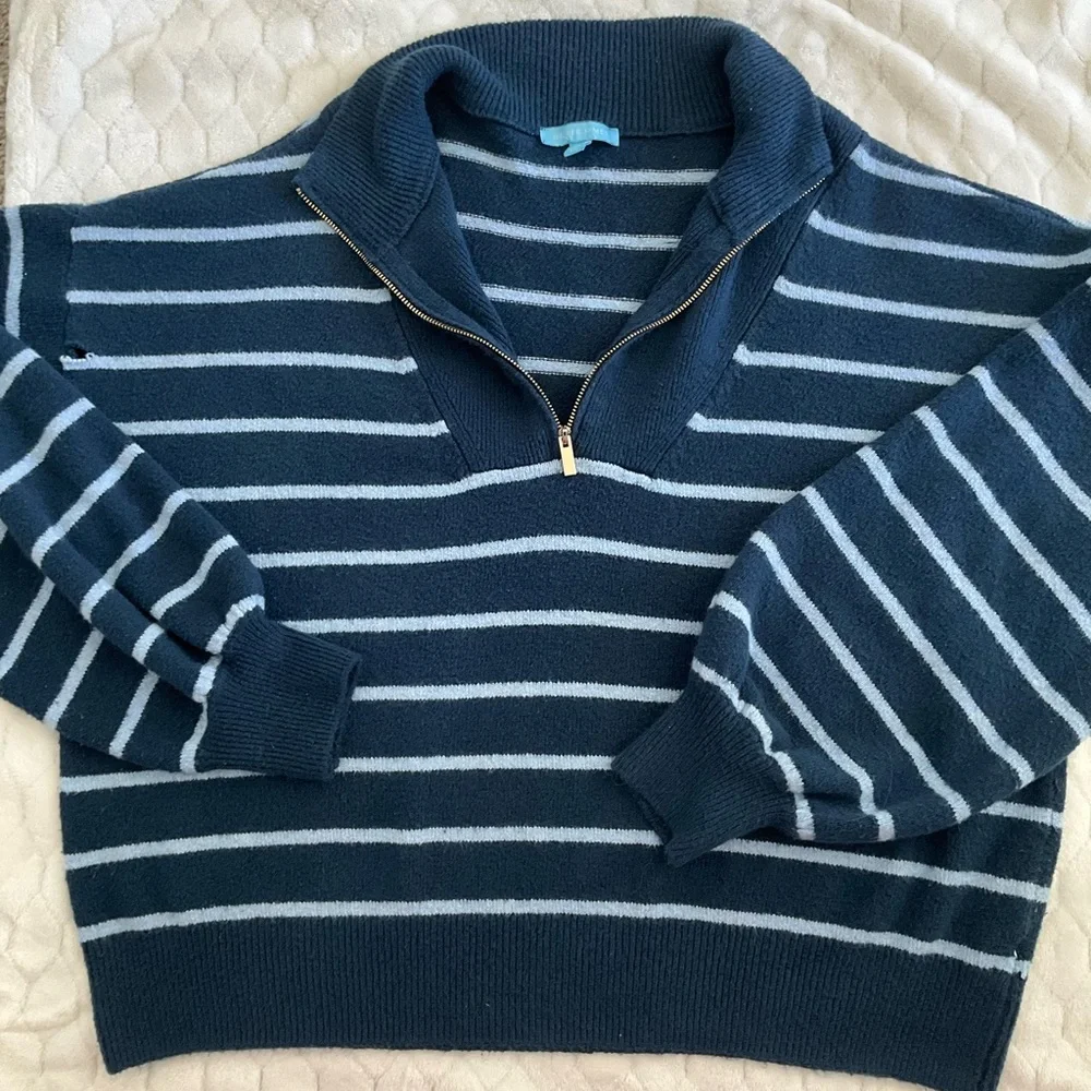 Draper James Navy Striped Half-Zip Pullover with Gold Zipper - Picture 6 of 8